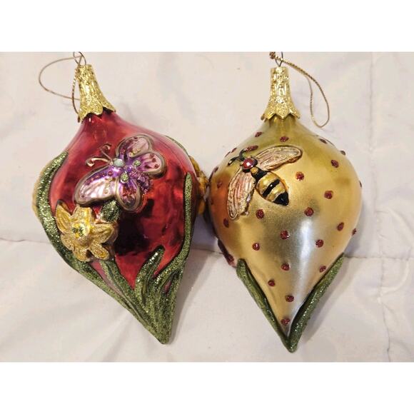 2 Christmas Ornament Hand Blown Mercury Glass Flowers Robert Stanley Fairy Grun - Picture 4 of 6